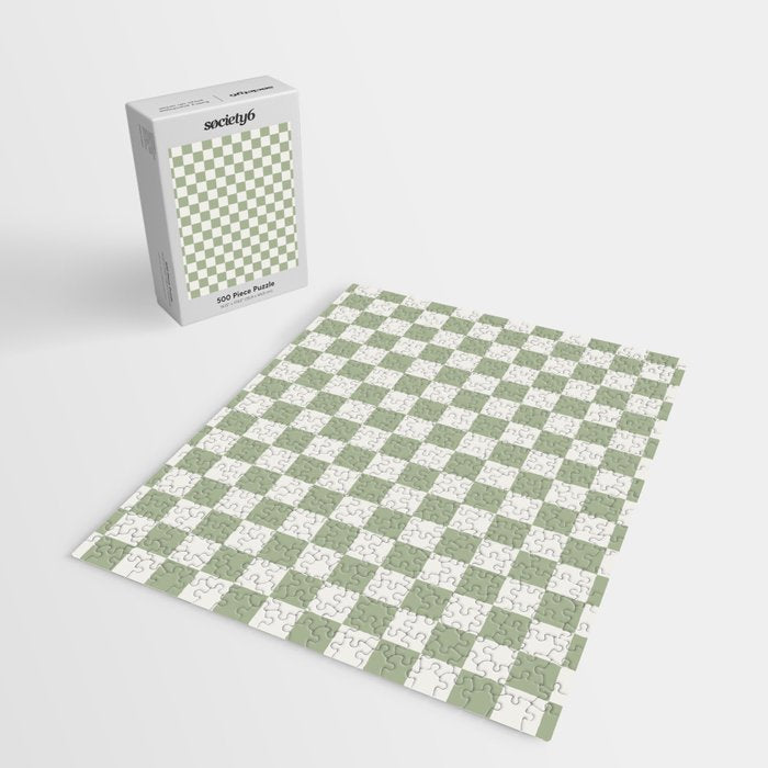 Checkerboard Check Checkered Pattern in Sage Green and Off White Jigsaw Puzzle Gallery Image 2