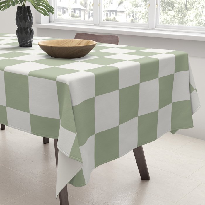 Checkerboard Check Checkered Pattern in Sage Green and Off White Tablecloth Gallery Image 3