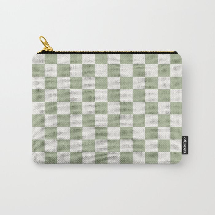 Checkerboard Check Checkered Pattern in Sage Green and Off White Carry All Pouch Gallery Image 1