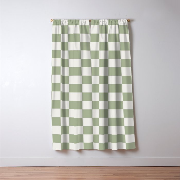 Checkerboard Check Checkered Pattern in Sage Green and Off White Window Curtain Gallery Image 3