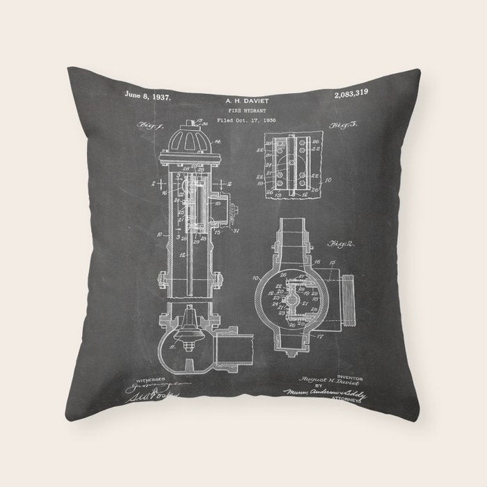Fire Hydrant Patent - Fireman Fire House Art - Black Chalkboard Throw Pillow Gallery Image 6