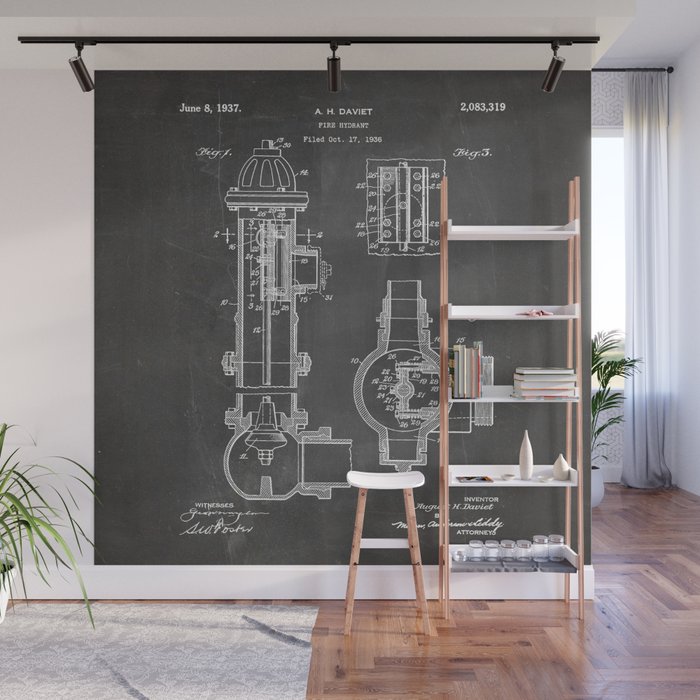 Fire Hydrant Patent - Fireman Fire House Art - Black Chalkboard Wall Mural Gallery Image 1