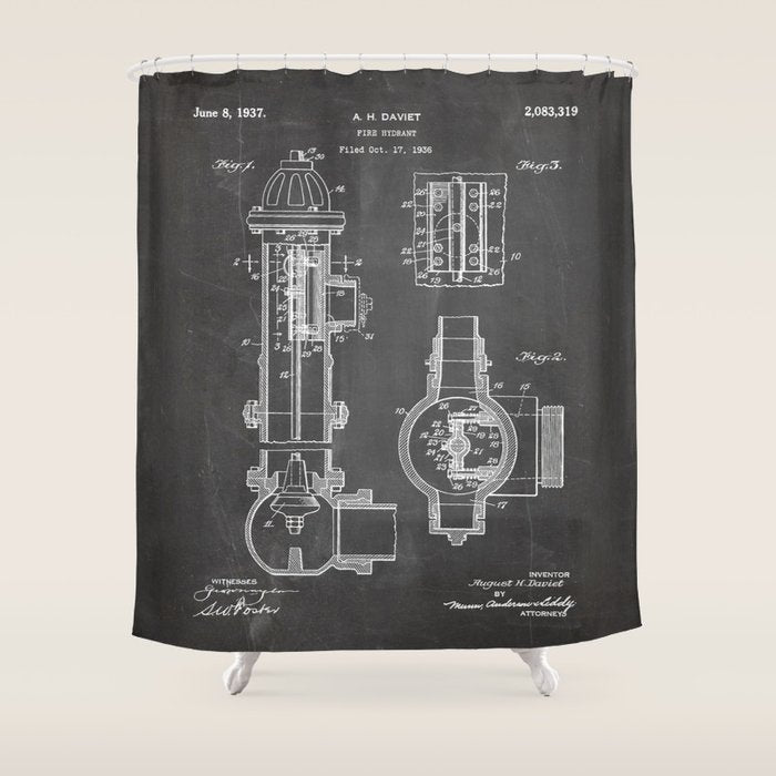 Fire Hydrant Patent - Fireman Fire House Art - Black Chalkboard Shower Curtain Gallery Image 1