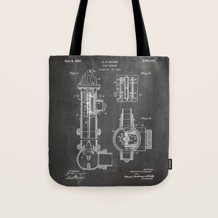 Fire Hydrant Patent - Fireman Fire House Art - Black Chalkboard Tote Bag Gallery Image 1