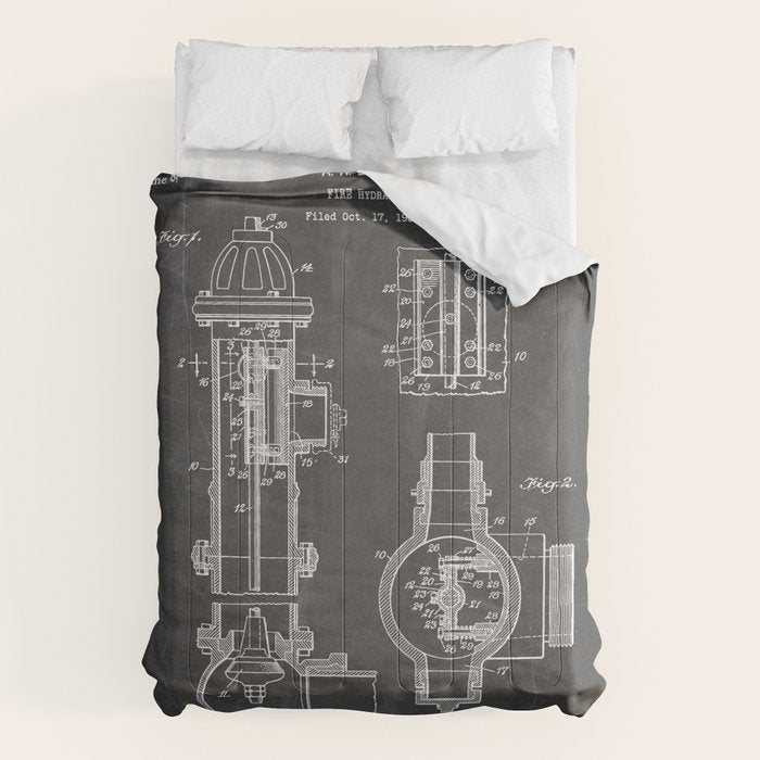 Fire Hydrant Patent - Fireman Fire House Art - Black Chalkboard Comforter Gallery Image 6