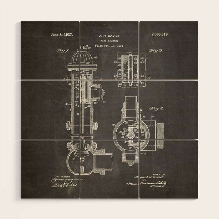 Fire Hydrant Patent - Fireman Fire House Art - Black Chalkboard Wood Wall Art Gallery Image 1
