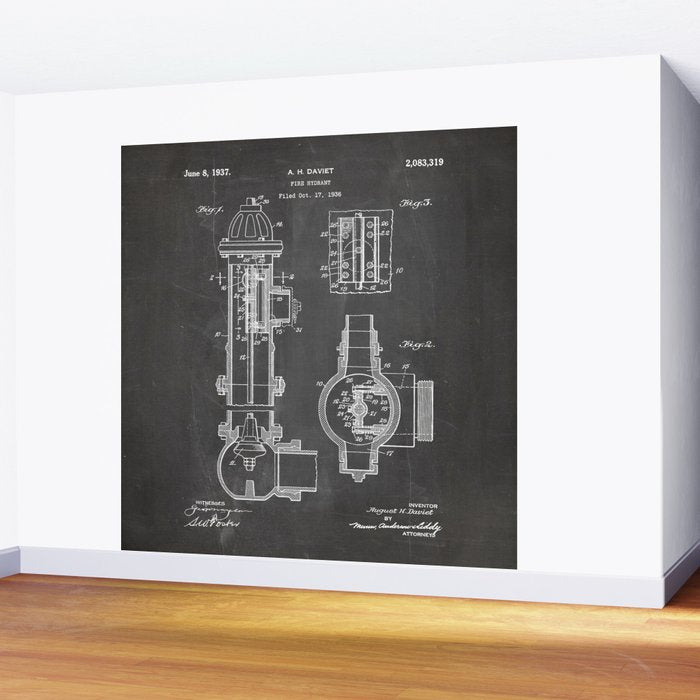 Fire Hydrant Patent - Fireman Fire House Art - Black Chalkboard Wall Mural Gallery Image 2