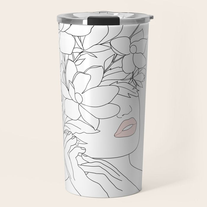 Minimal Line Art Woman with Magnolia Travel Mug Gallery Image 1
