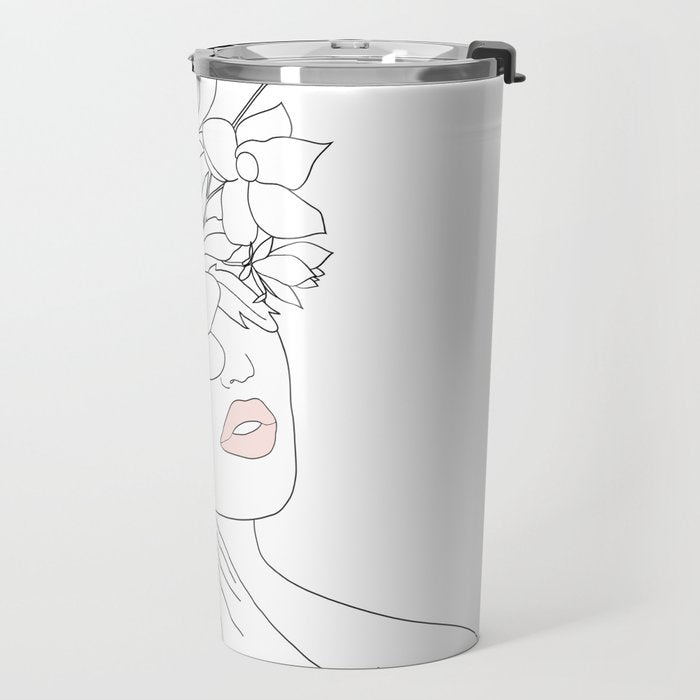 Minimal Line Art Woman with Magnolia Travel Mug Gallery Image 2