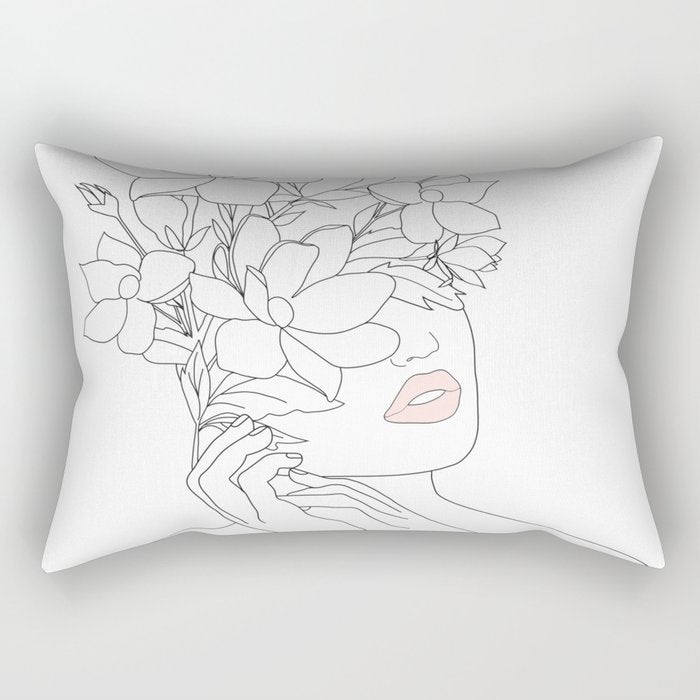 Minimal Line Art Woman with Magnolia Rectangular Pillow Gallery Image 1