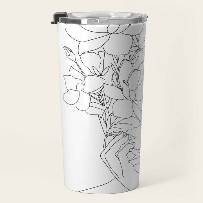 Minimal Line Art Woman with Magnolia Travel Mug Gallery Image 3