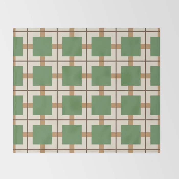 Retro Geometric Plaid Green Camel Throw Blanket Gallery Image 2