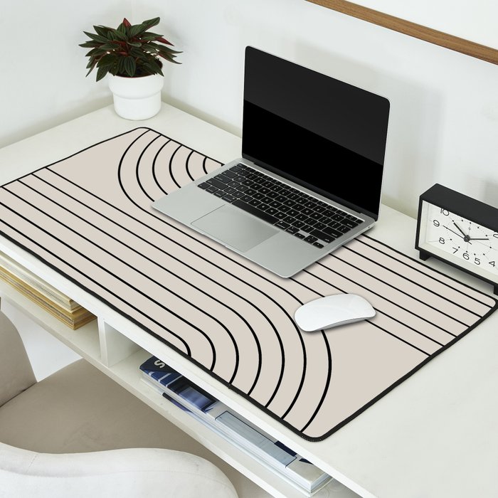 Minimal Line Curvature XCVI Vintage Creme & Black Mid Century Modern Arch Abstract Desk Mat Gallery Image 2