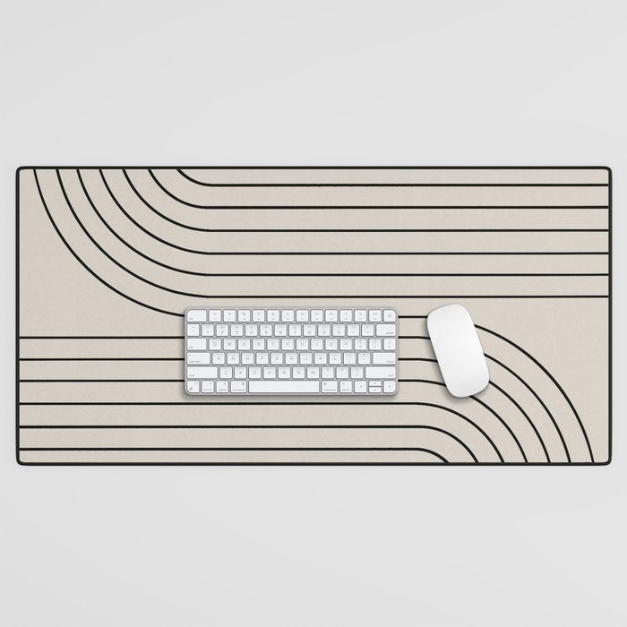 Minimal Line Curvature XCVI Vintage Creme & Black Mid Century Modern Arch Abstract Desk Mat Gallery Image 1