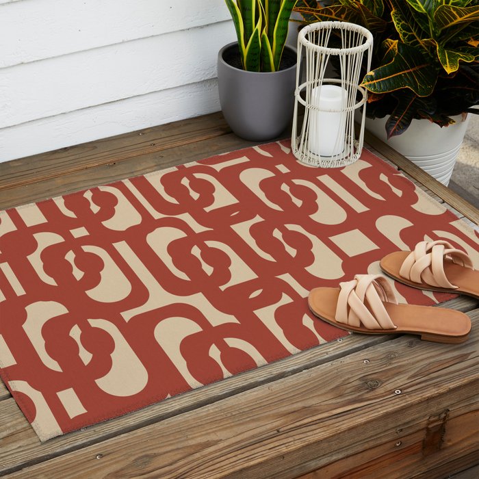 Mid Century Modern Loop Pattern in Deep Clay and Beige Outdoor Rug Gallery Image 2