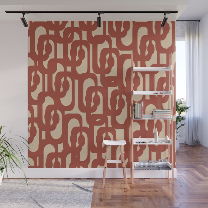 Mid Century Modern Loop Pattern in Deep Clay and Beige Wall Mural Gallery Image 1