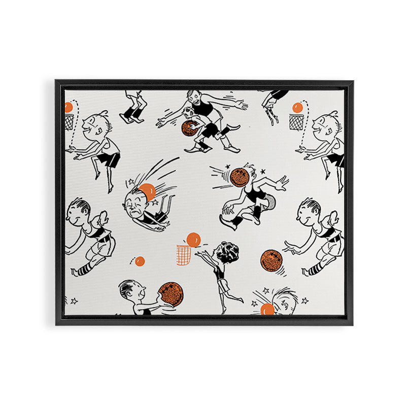 Basketball Fun Comic Illustration Pattern with Balls on Grey Background Framed Canvas Print Gallery Image 2