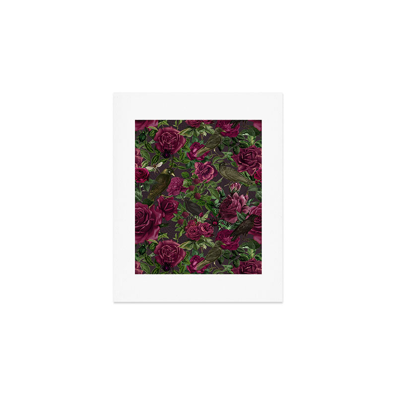 Burgundy Roses and Ravens Dark Gothic Pattern  Art Print Gallery Image 1