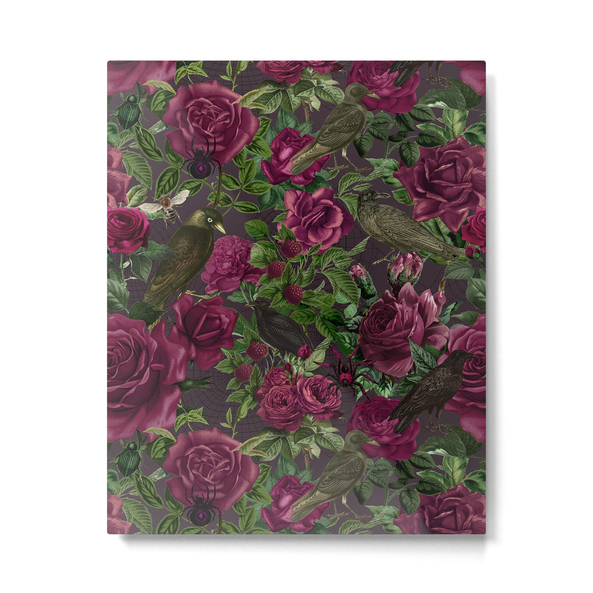 Burgundy Roses and Ravens Dark Gothic Pattern  Metal Print Gallery Image 4