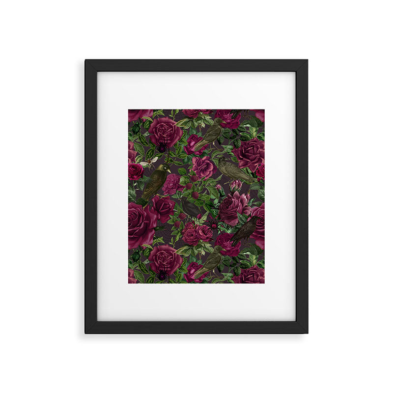 Burgundy Roses and Ravens Dark Gothic Pattern  Framed Art Print Gallery Image 5