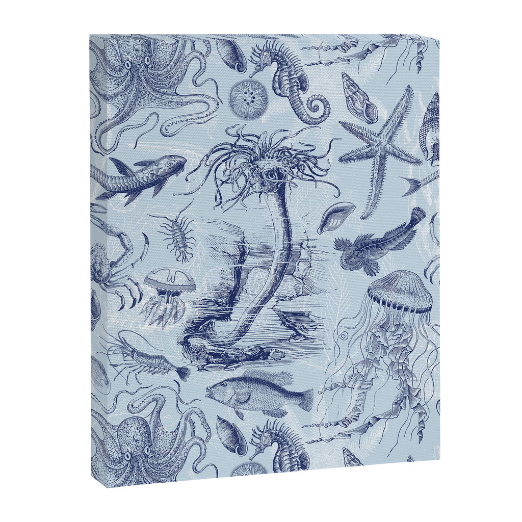 Coral Reef Life Underwater Sea Scene Blue Monochromatic Toile Pattern  Canvas Print Gallery Image 6