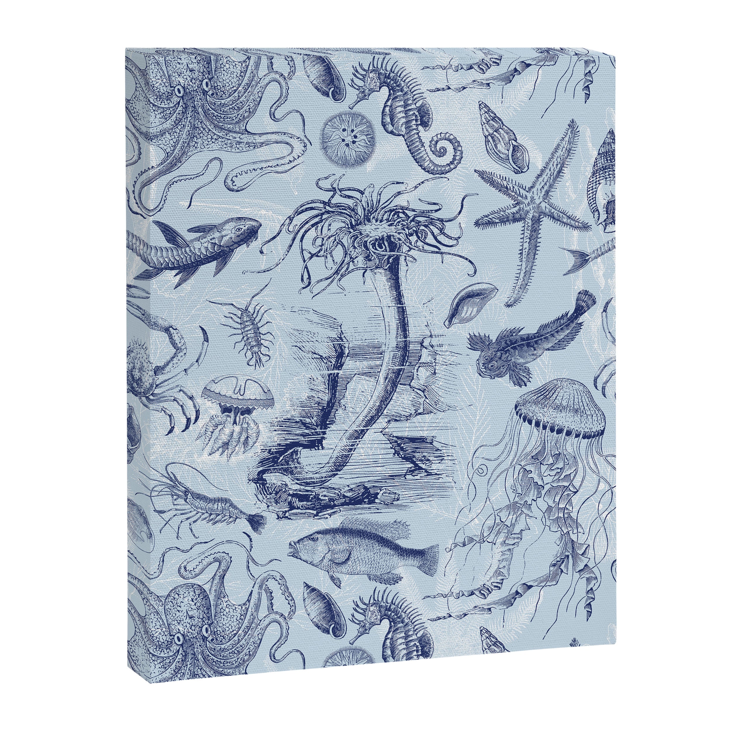 Coral Reef Life Underwater Sea Scene Blue Monochromatic Toile Pattern  Canvas Print Gallery Image 6