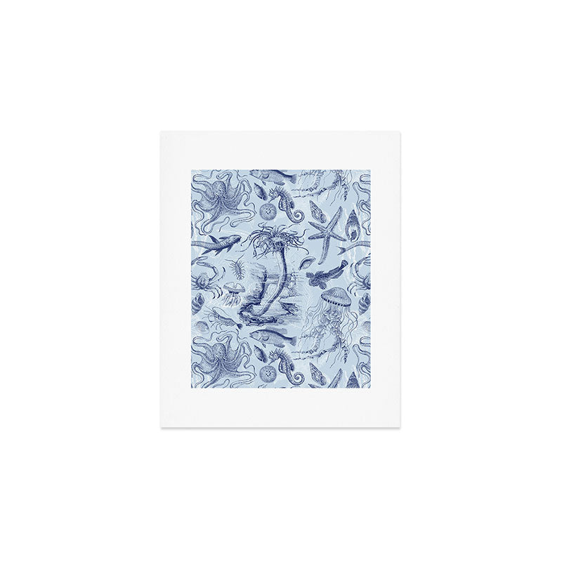 Coral Reef Life Underwater Sea Scene Blue Monochromatic Toile Pattern  Art Print Gallery Image 1
