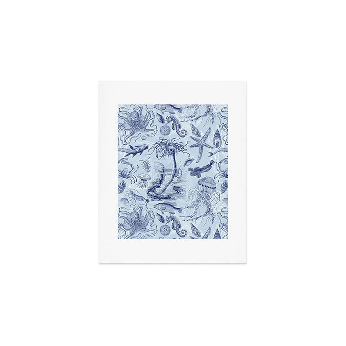 Coral Reef Life Underwater Sea Scene Blue Monochromatic Toile Pattern  Art Print Gallery Image 1