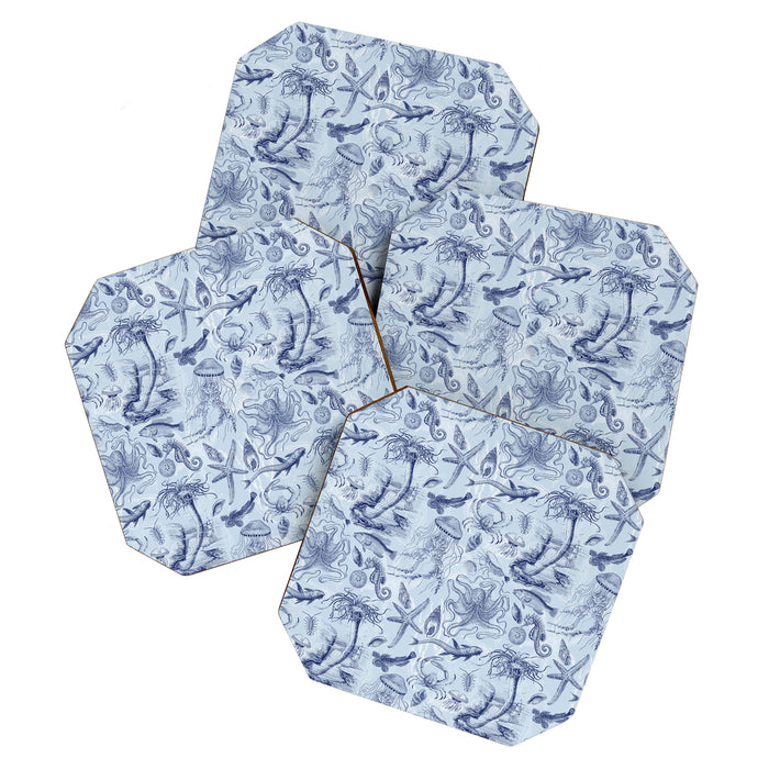 Coral Reef Life Underwater Sea Scene Blue Monochromatic Toile Pattern  Coaster Gallery Image 1