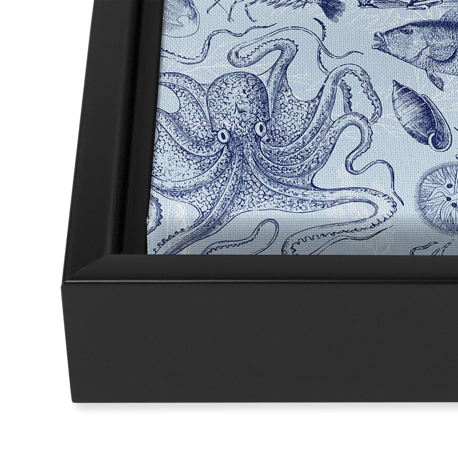 Coral Reef Life Underwater Sea Scene Blue Monochromatic Toile Pattern  Framed Canvas Print Gallery Image 3