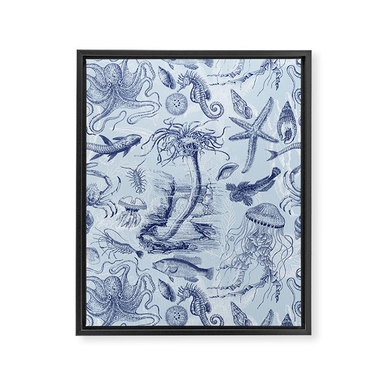 Coral Reef Life Underwater Sea Scene Blue Monochromatic Toile Pattern  Framed Canvas Print Gallery Image 6