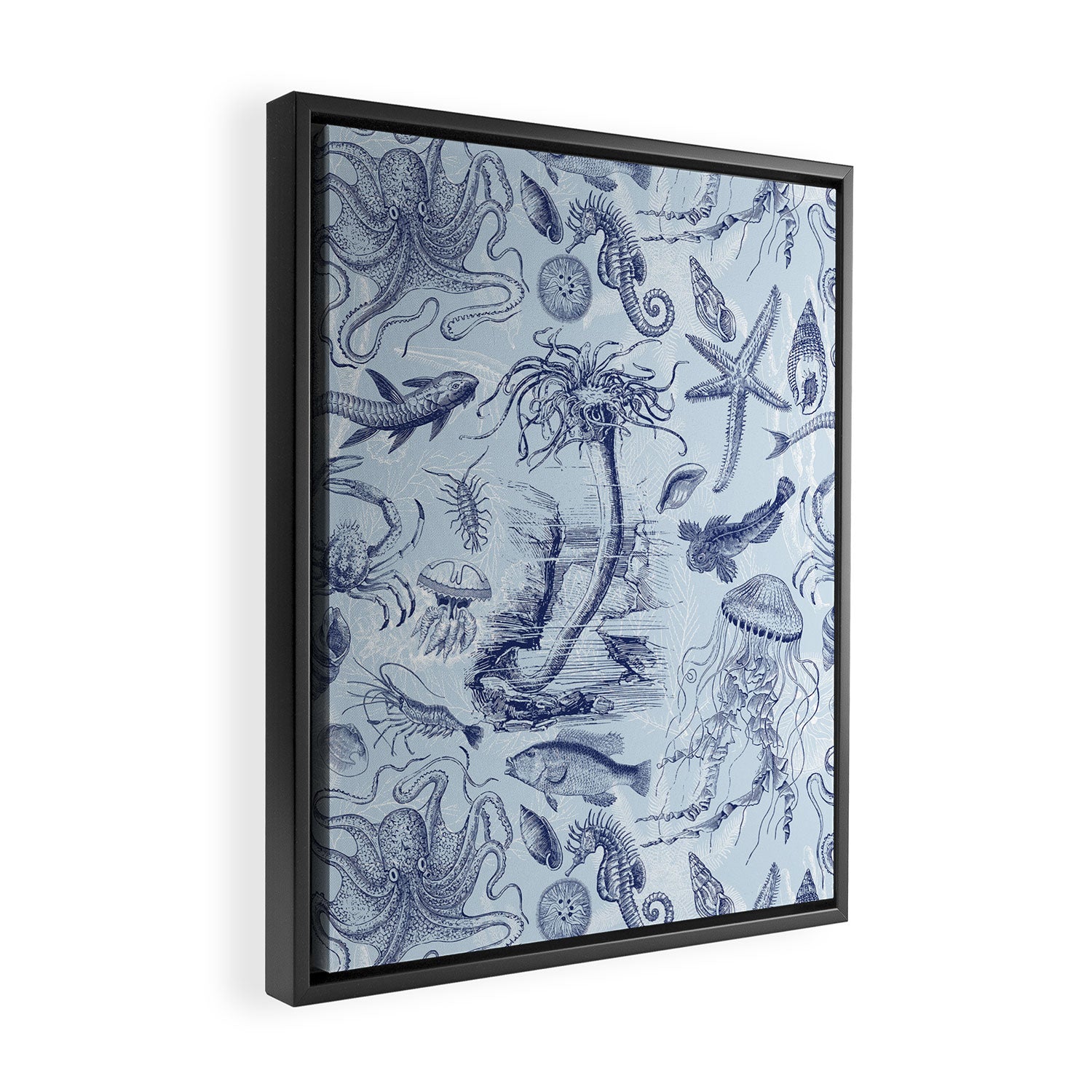 Coral Reef Life Underwater Sea Scene Blue Monochromatic Toile Pattern  Framed Canvas Print Gallery Image 2