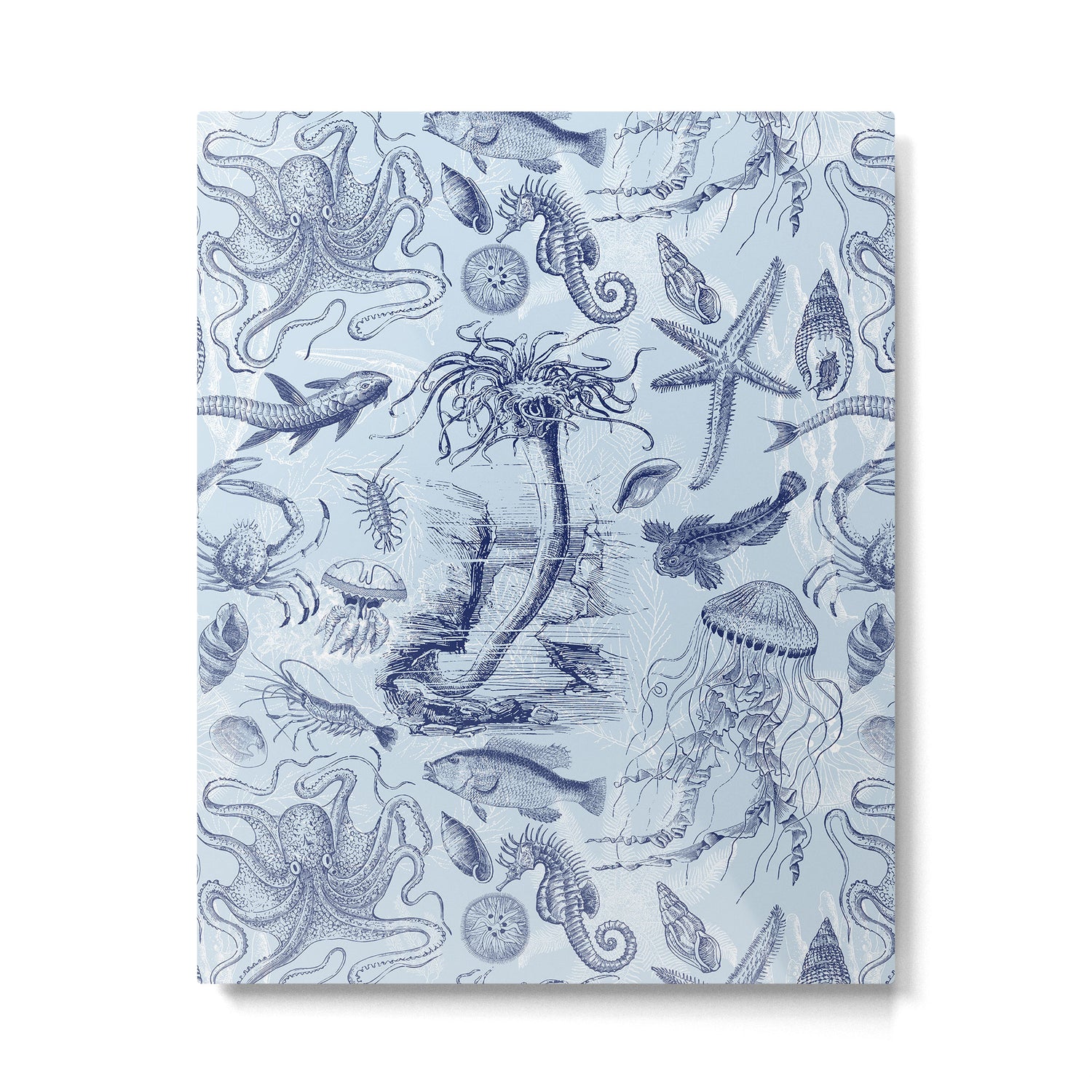 Coral Reef Life Underwater Sea Scene Blue Monochromatic Toile Pattern  Metal Print Gallery Image 4