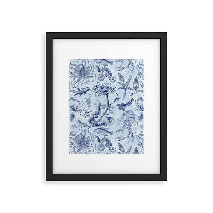 Coral Reef Life Underwater Sea Scene Blue Monochromatic Toile Pattern  Framed Art Print Gallery Image 1