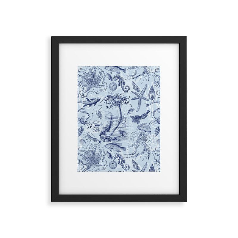 Coral Reef Life Underwater Sea Scene Blue Monochromatic Toile Pattern  Framed Art Print Gallery Image 5