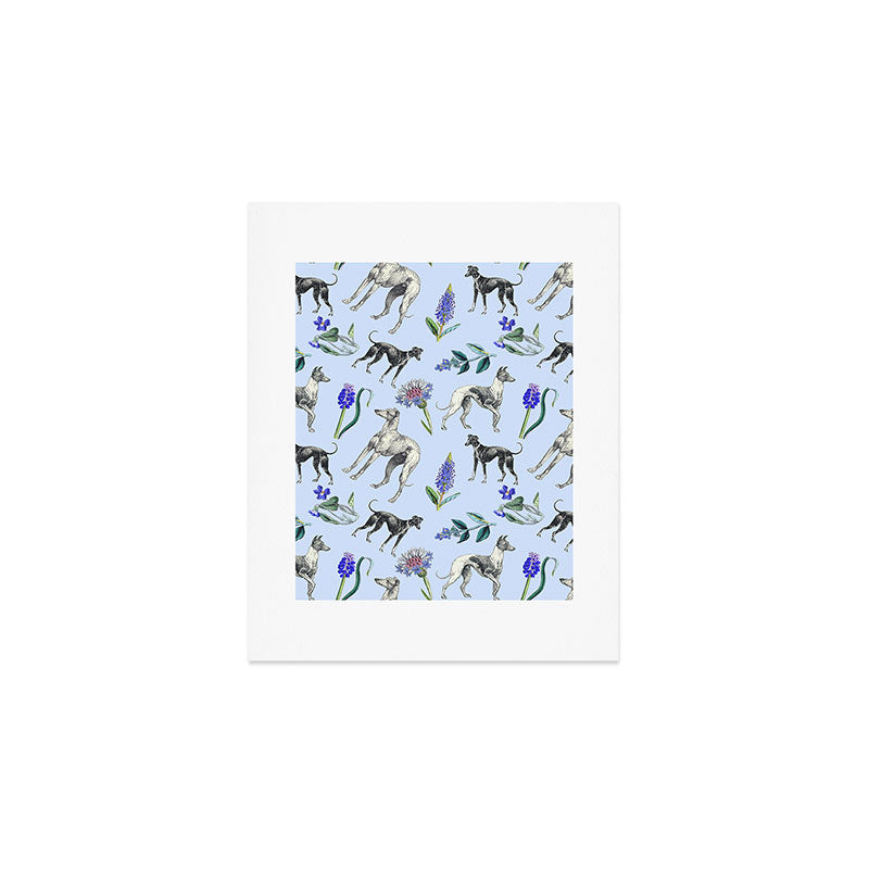 GREYHOUND DOGS and Blue Meadow Botanical Pattern  Art Print Gallery Image 1