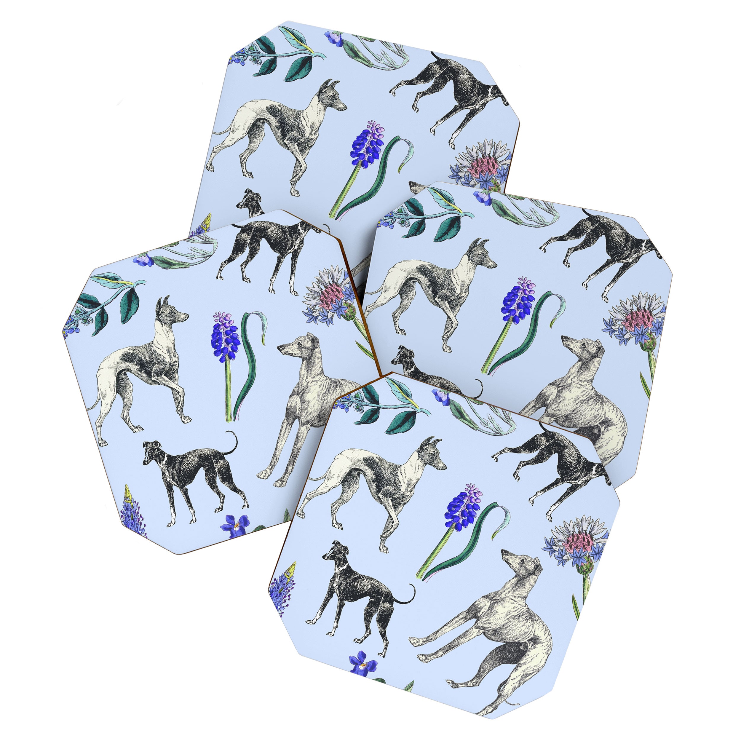 GREYHOUND DOGS and Blue Meadow Botanical Pattern  Coaster Gallery Image 1