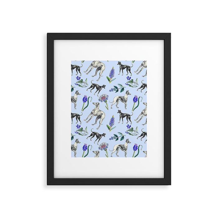 GREYHOUND DOGS and Blue Meadow Botanical Pattern  Framed Art Print Gallery Image 1