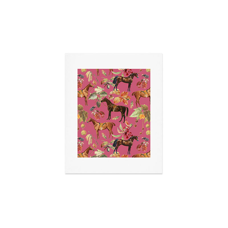 HORSES and Forest Plants on the Raspberry Pink Background  Art Print Gallery Image 1