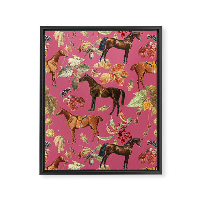 HORSES and Forest Plants on the Raspberry Pink Background  Framed Canvas Print Gallery Image 1