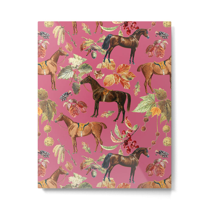 HORSES and Forest Plants on the Raspberry Pink Background  Metal Print Gallery Image 1