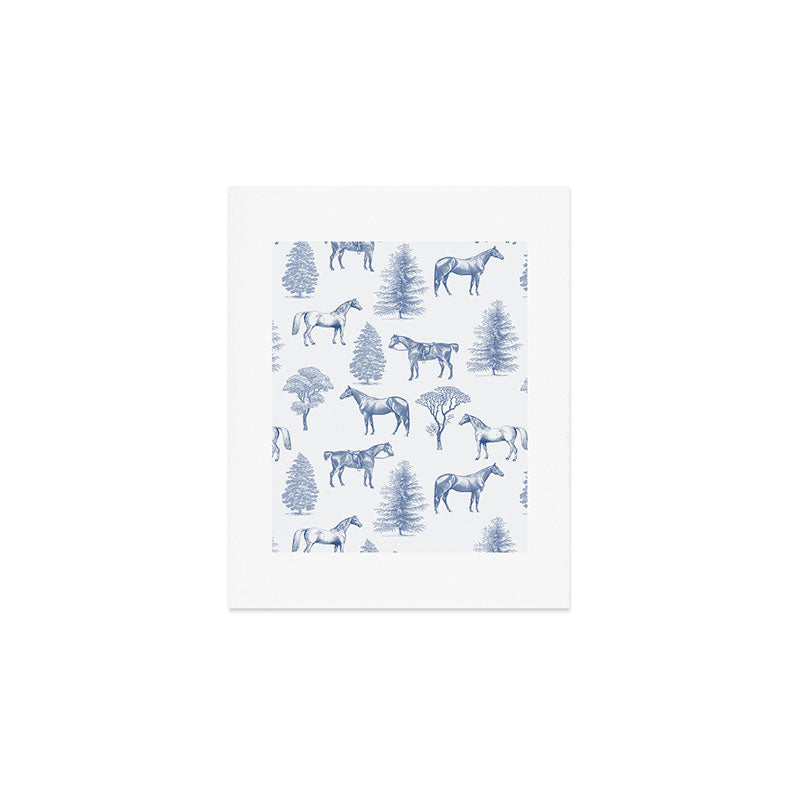 HORSES and TREES Blue Monochrome Toile Pattern  Art Print Gallery Image 1