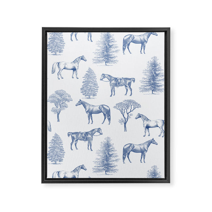 HORSES and TREES Blue Monochrome Toile Pattern  Framed Canvas Print Gallery Image 1