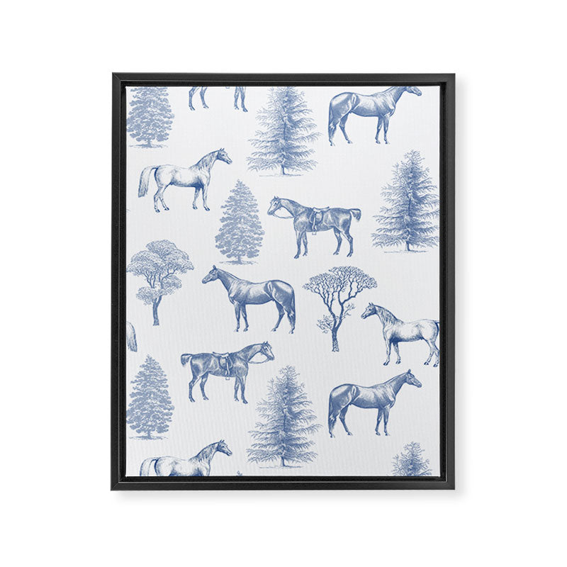 HORSES and TREES Blue Monochrome Toile Pattern  Framed Canvas Print Gallery Image 8