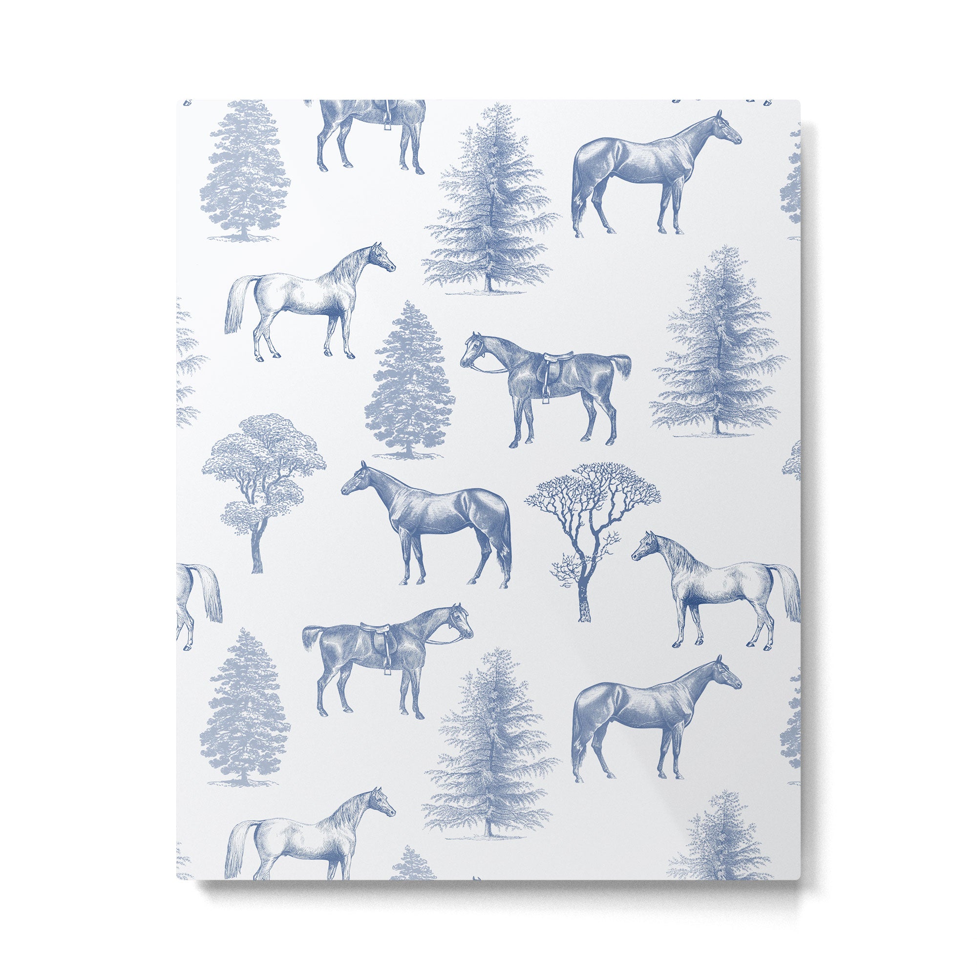 HORSES and TREES Blue Monochrome Toile Pattern  Metal Print Gallery Image 6
