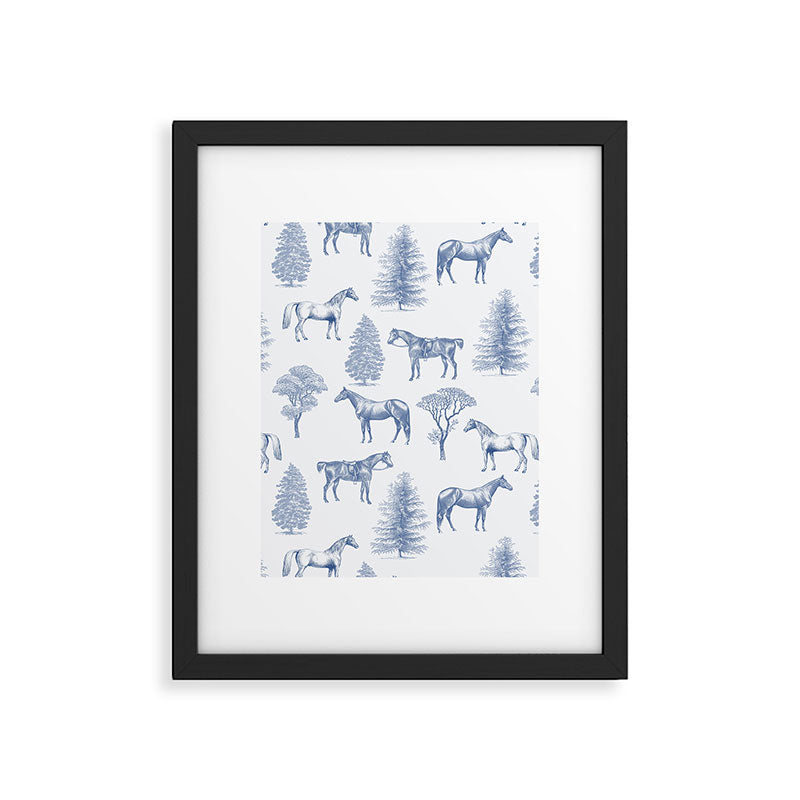 HORSES and TREES Blue Monochrome Toile Pattern  Framed Art Print Gallery Image 6