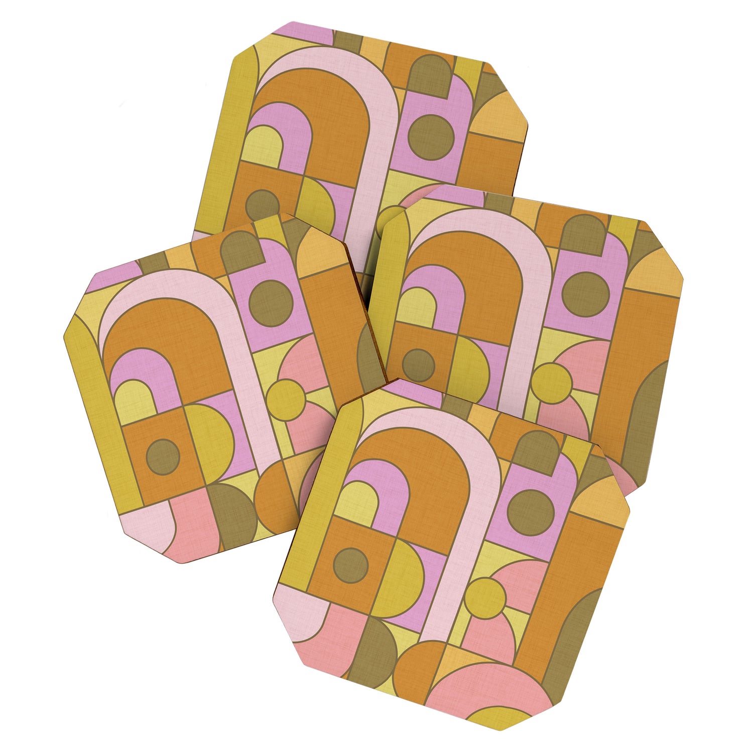 Abstract Bauhaus Shapes pink gold and olive green Coaster Gallery Image 1