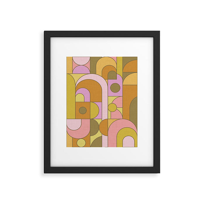 Abstract Bauhaus Shapes pink gold and olive green Framed Art Print Gallery Image 1