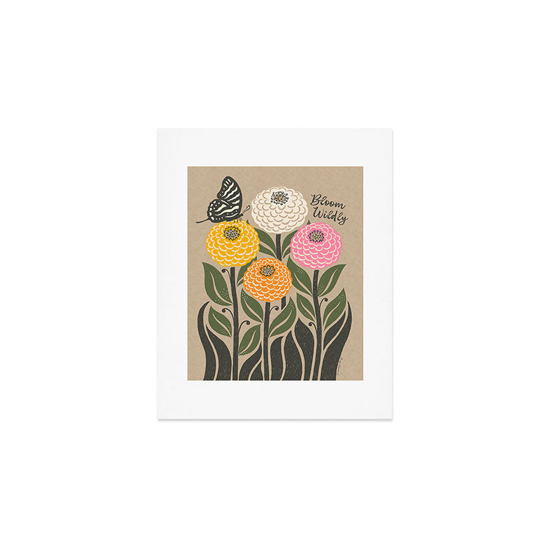 Bloom Wildly - Colorful Zinnia Flowers and Butterfly Art Print Gallery Image 1