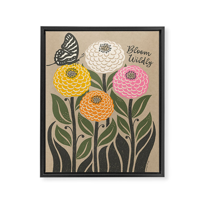 Bloom Wildly - Colorful Zinnia Flowers and Butterfly Framed Canvas Print Gallery Image 1
